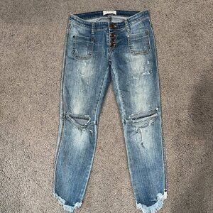 ONE X ONETEASPOON Low Rise Exposed Button Fly Dolphin Hem Distressed Jeans Sz.25